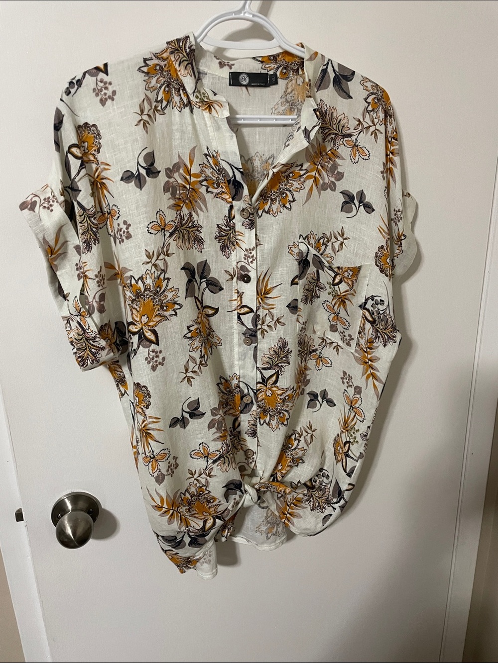 M Made in Italy Linen Blend Button Up Floral Top with Waist Tie Size XL